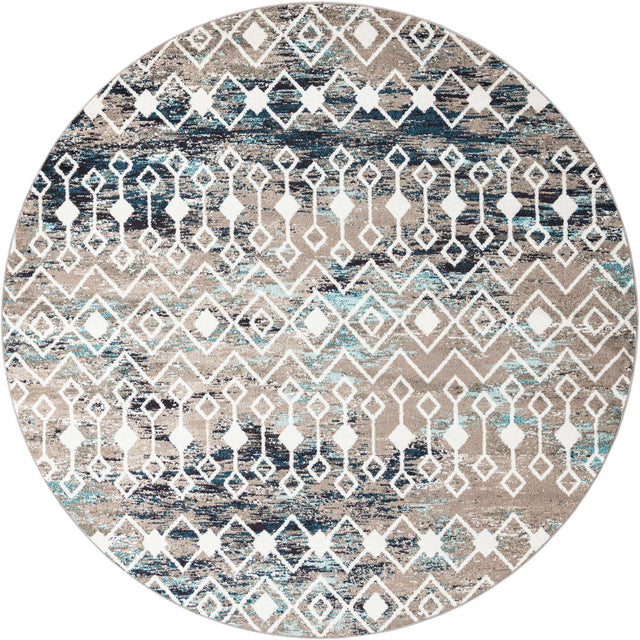 Multicolor Gray Blue 10' x 10' Tribal Trellis Round Area Rug Geometric Southwestern Inspired Durable Carpet for Home Interior Design for Sale at Rug Engine