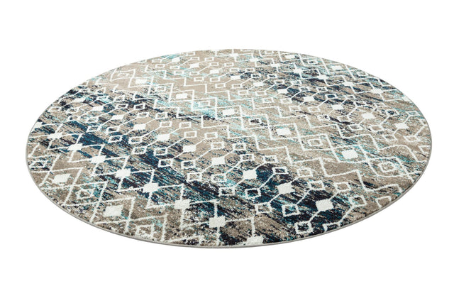 Multicolor Gray Blue 7' 10 x 7' 10 Tribal Trellis Round Area Rug Geometric Southwestern Inspired Durable Carpet for Home Interior Design for Sale at Rug Engine