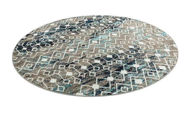 Multicolor Gray Blue 7' 10 x 7' 10 Tribal Trellis Round Area Rug Geometric Southwestern Inspired Durable Carpet for Home Interior Design for Sale at Rug Engine