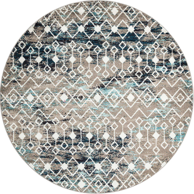 Multicolor Gray Blue 7' 10 x 7' 10 Tribal Trellis Round Area Rug Geometric Southwestern Inspired Durable Carpet for Home Interior Design for Sale at Rug Engine