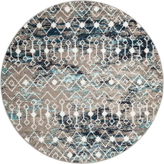 Multicolor Gray Blue 6' 1 x 6' 1 Tribal Trellis Round Area Rug Geometric Southwestern Inspired Durable Carpet for Home Interior Design for Sale at Rug Engine