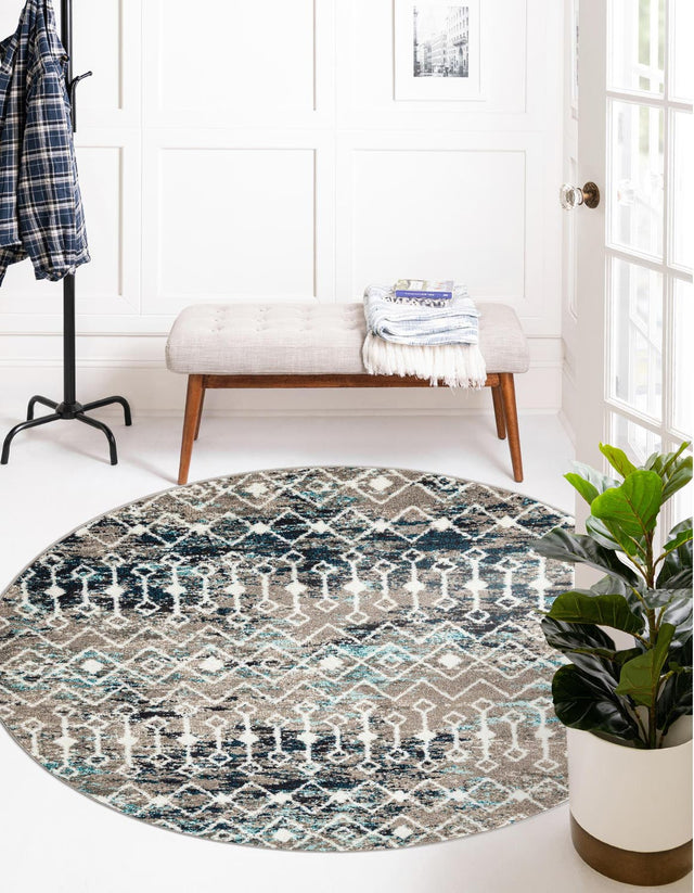 Multicolor Gray Blue 5' 3 x 5' 3 Tribal Trellis Round Area Rug Geometric Southwestern Inspired Durable Carpet for Home Interior Design for Sale at Rug Engine