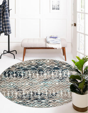 Multicolor Gray Blue 10' x 10' Tribal Trellis Round Area Rug Geometric Southwestern Inspired Durable Carpet for Home Interior Design for Sale at Rug Engine