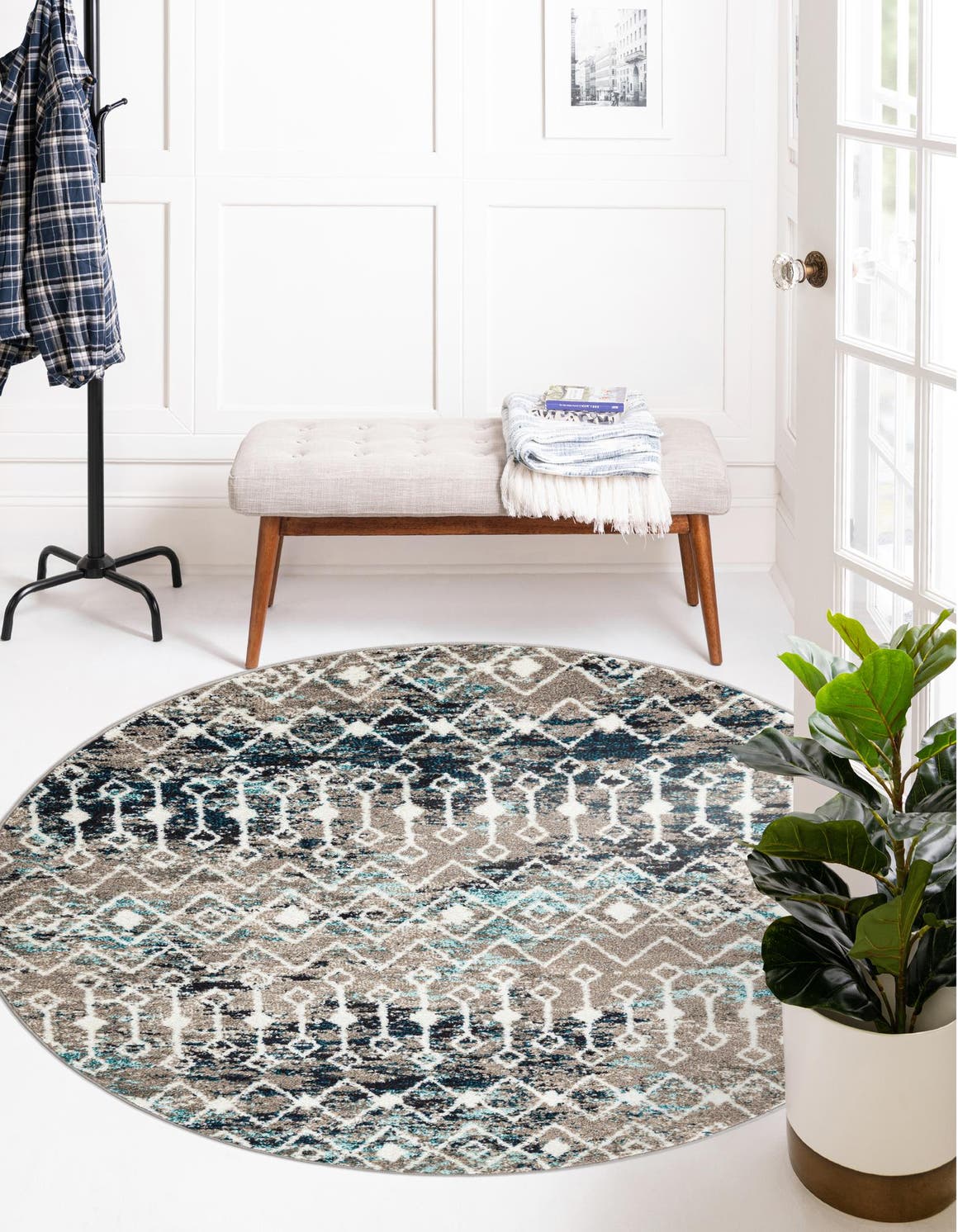 Multicolor Gray Blue 7' 10 x 7' 10 Tribal Trellis Round Area Rug Geometric Southwestern Inspired Durable Carpet for Home Interior Design for Sale at Rug Engine