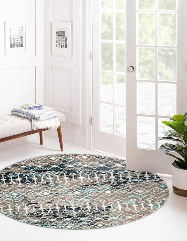 Multicolor Gray Blue 3' 1 x 3' 1 Tribal Trellis Round Area Rug Geometric Southwestern Inspired Durable Carpet for Home Interior Design for Sale at Rug Engine
