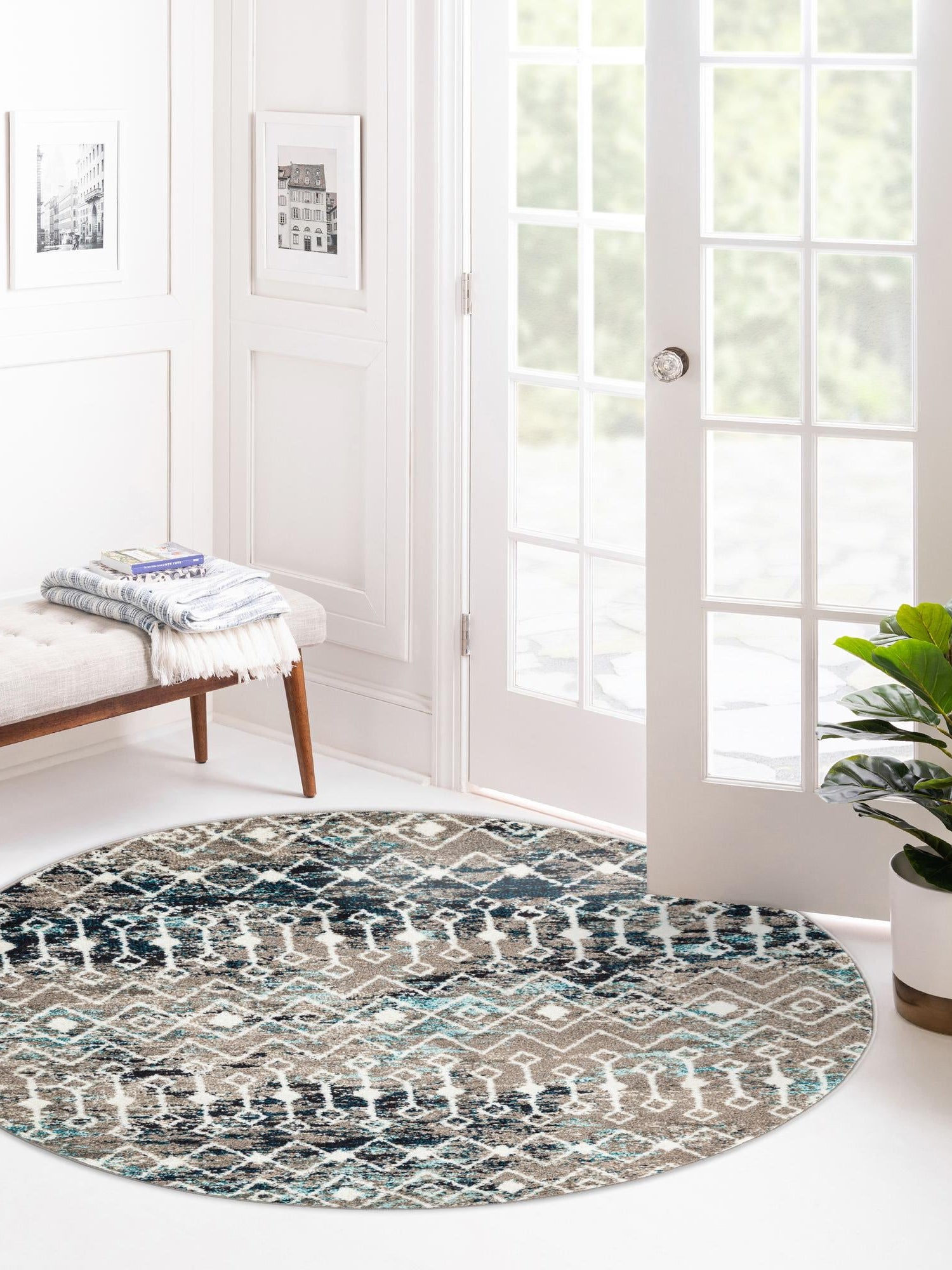Multicolor Gray Blue 6' 1 x 6' 1 Tribal Trellis Round Area Rug Geometric Southwestern Inspired Durable Carpet for Home Interior Design for Sale at Rug Engine