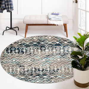 Multicolor Gray Blue 3' 1 x 3' 1 Tribal Trellis Round Area Rug Geometric Southwestern Inspired Durable Carpet for Home Interior Design for Sale at Rug Engine
