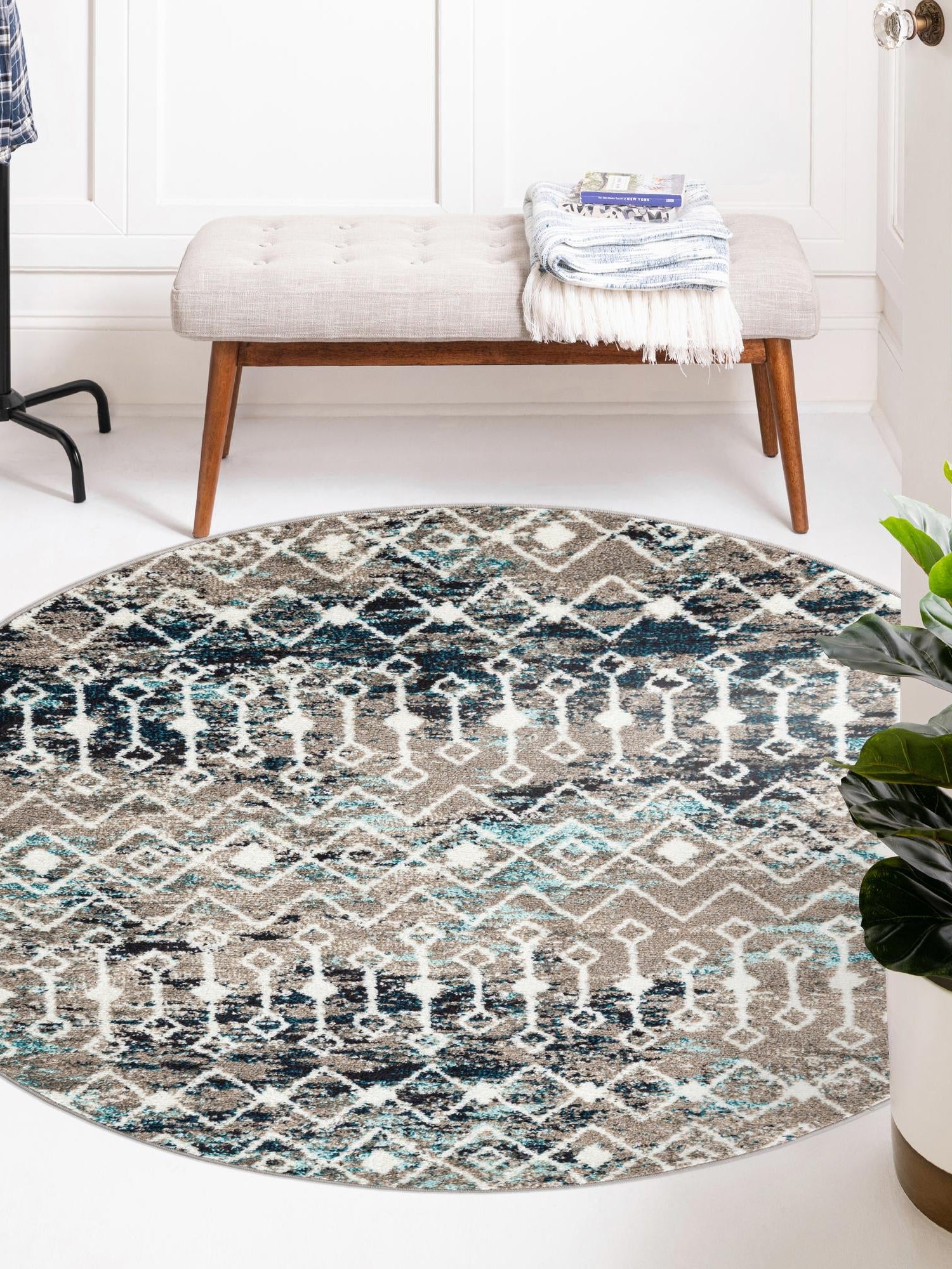 Multicolor Gray Blue 7' 10 x 7' 10 Tribal Trellis Round Area Rug Geometric Southwestern Inspired Durable Carpet for Home Interior Design for Sale at Rug Engine