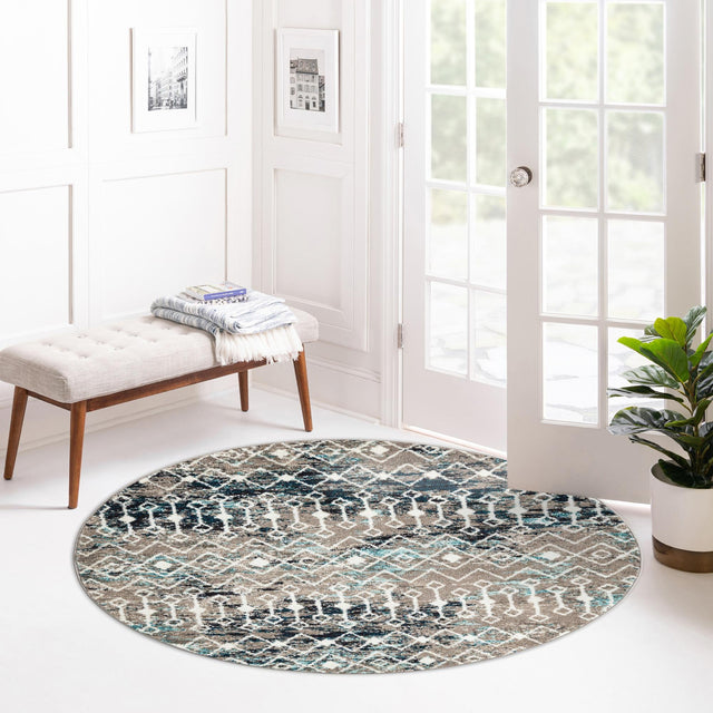 Multicolor Gray Blue 10' x 10' Tribal Trellis Round Area Rug Geometric Southwestern Inspired Durable Carpet for Home Interior Design for Sale at Rug Engine