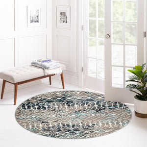 Multicolor Gray Blue 5' 3 x 5' 3 Tribal Trellis Round Area Rug Geometric Southwestern Inspired Durable Carpet for Home Interior Design for Sale at Rug Engine