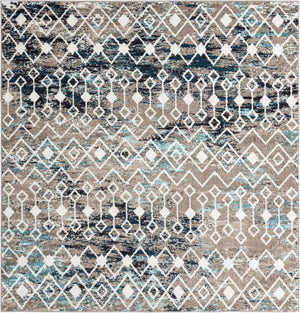 Multicolor Gray Blue 7' 10 x 7' 10 Tribal Trellis Square Area Rug Geometric Southwestern Inspired Durable Carpet for Home Interior Design for Sale at Rug Engine