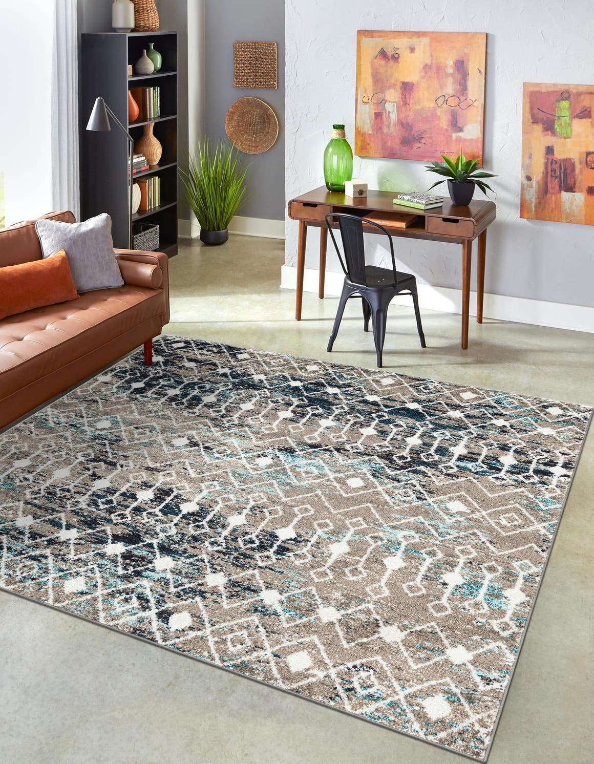 Multicolor Gray Blue 6' 1 x 6' 1 Tribal Trellis Square Area Rug Geometric Southwestern Inspired Durable Carpet for Home Interior Design for Sale at Rug Engine