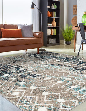 Multicolor Gray Blue 10' x 10' Tribal Trellis Square Area Rug Geometric Southwestern Inspired Durable Carpet for Home Interior Design for Sale at Rug Engine