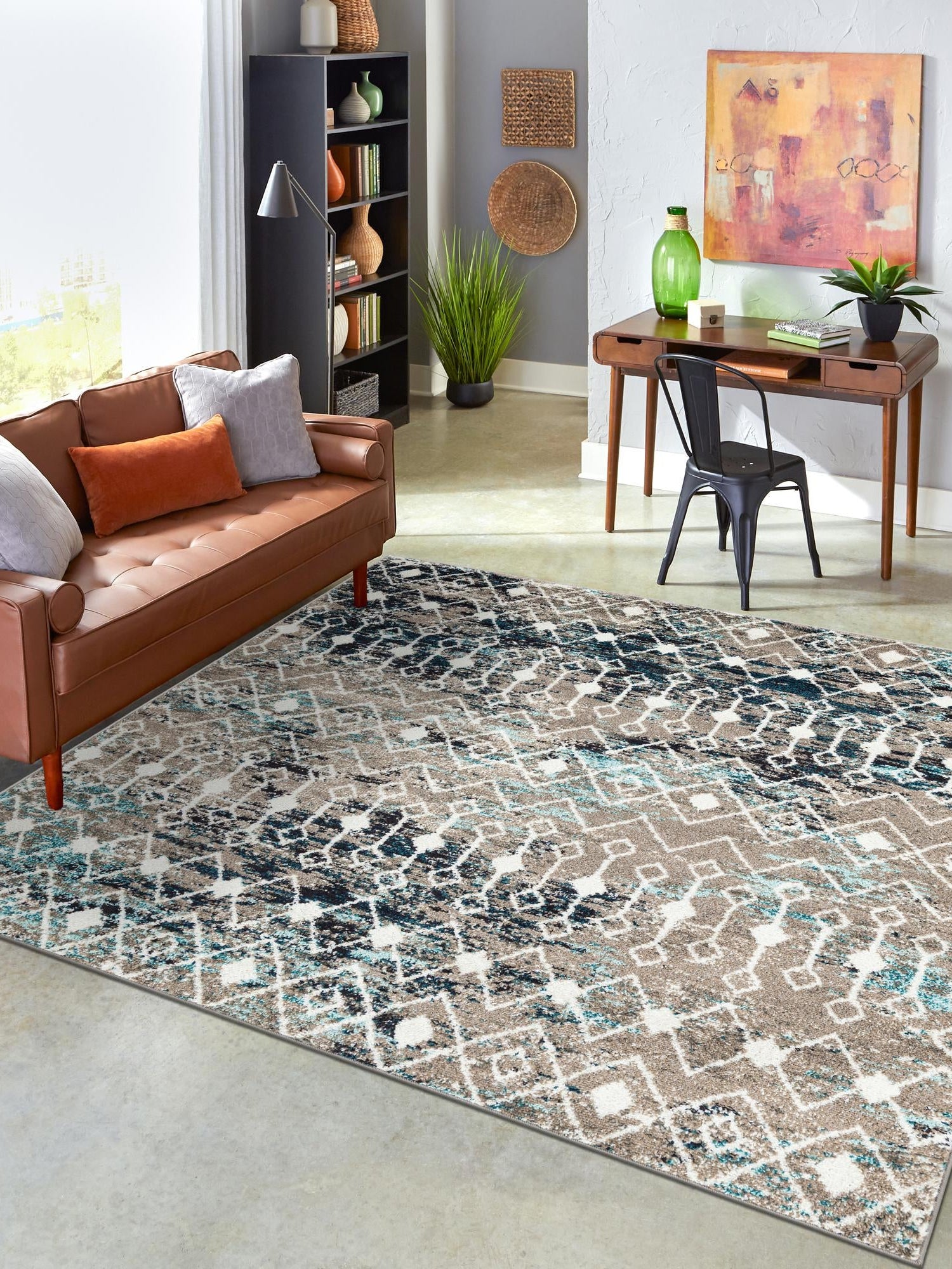 Multicolor Gray Blue 7' 10 x 7' 10 Tribal Trellis Square Area Rug Geometric Southwestern Inspired Durable Carpet for Home Interior Design for Sale at Rug Engine