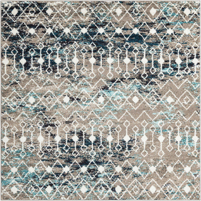 Multicolor Gray Blue 6' 1 x 6' 1 Tribal Trellis Square Area Rug Geometric Southwestern Inspired Durable Carpet for Home Interior Design for Sale at Rug Engine