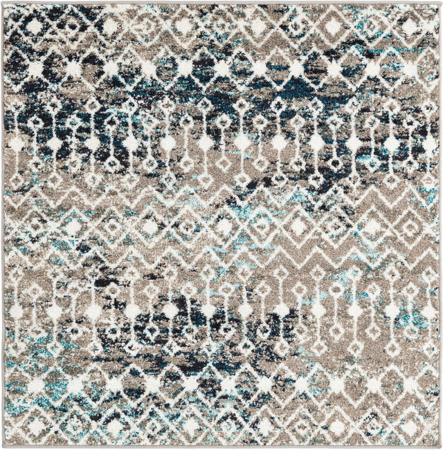 Multicolor Gray Blue 4' 1 x 4' 1 Tribal Trellis Square Area Rug Geometric Southwestern Inspired Durable Carpet for Home Interior Design for Sale at Rug Engine