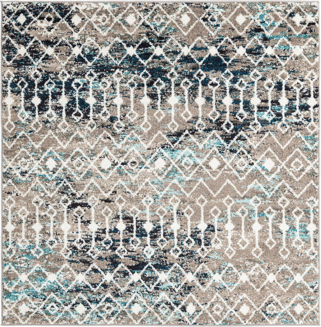 Multicolor Gray Blue 5' 3 x 5' 3 Tribal Trellis Square Area Rug Geometric Southwestern Inspired Durable Carpet for Home Interior Design for Sale at Rug Engine