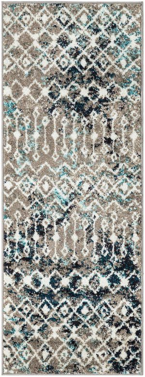 Multicolor Gray Blue 2' x 5' 1 Tribal Trellis Runner Area Rug Geometric Southwestern Inspired Durable Carpet for Home Interior Design for Sale at Rug Engine
