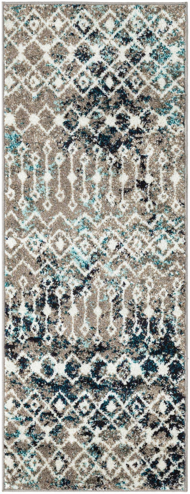 Multicolor Gray Blue 2' x 5' 1 Tribal Trellis Runner Area Rug Geometric Southwestern Inspired Durable Carpet for Home Interior Design for Sale at Rug Engine
