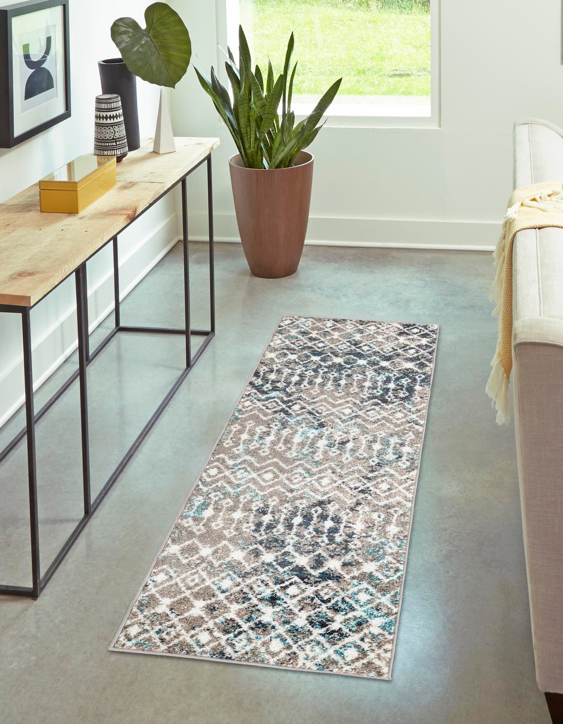 Multicolor Gray Blue 2' x 5' 1 Tribal Trellis Runner Area Rug Geometric Southwestern Inspired Durable Carpet for Home Interior Design for Sale at Rug Engine