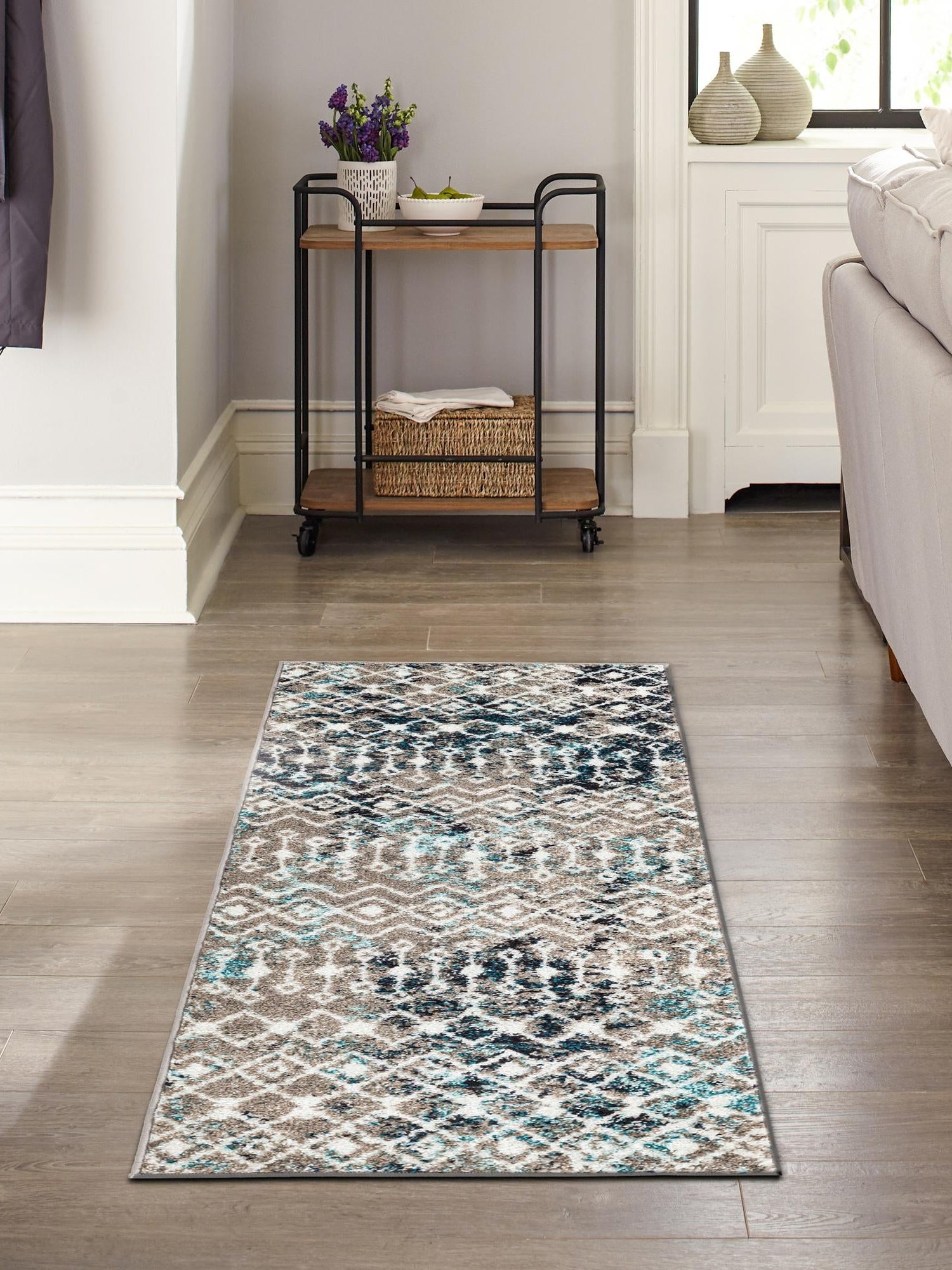 Multicolor Gray Blue 2' x 5' 1 Tribal Trellis Runner Area Rug Geometric Southwestern Inspired Durable Carpet for Home Interior Design for Sale at Rug Engine