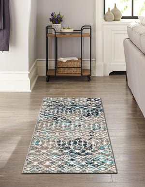 Multicolor Gray Blue 2' x 5' 1 Tribal Trellis Runner Area Rug Geometric Southwestern Inspired Durable Carpet for Home Interior Design for Sale at Rug Engine