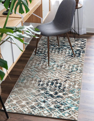 Multicolor Gray Blue 2' 7 x 12' Tribal Trellis Runner Area Rug Geometric Southwestern Inspired Durable Carpet for Home Interior Design for Sale at Rug Engine