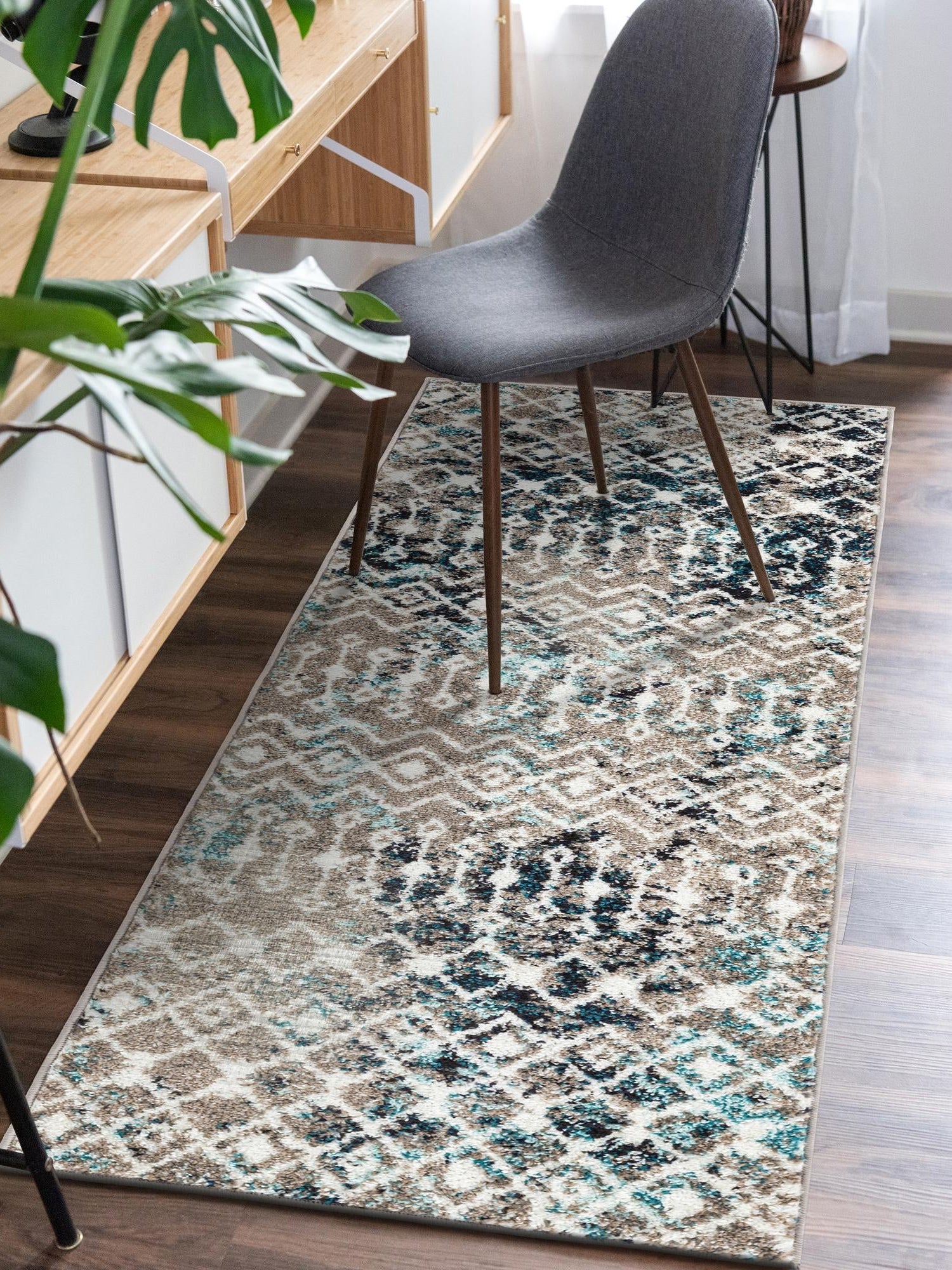Multicolor Gray Blue 2' x 8' Tribal Trellis Runner Area Rug Geometric Southwestern Inspired Durable Carpet for Home Interior Design for Sale at Rug Engine