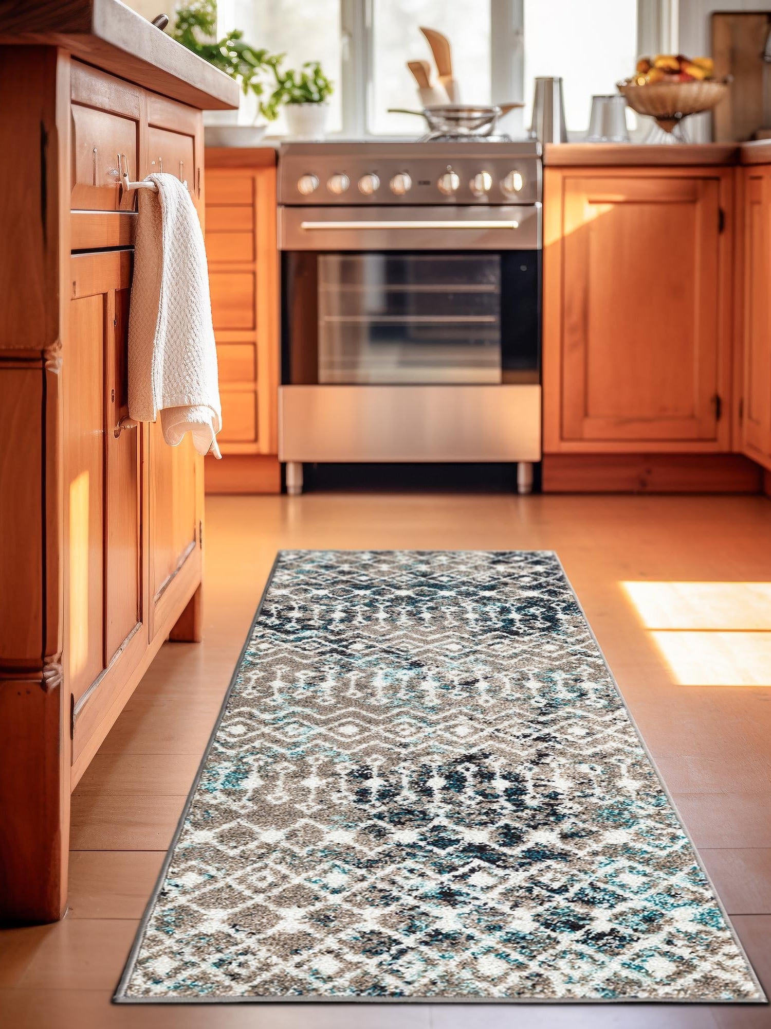 Multicolor Gray Blue 2' x 8' Tribal Trellis Runner Area Rug Geometric Southwestern Inspired Durable Carpet for Home Interior Design for Sale at Rug Engine