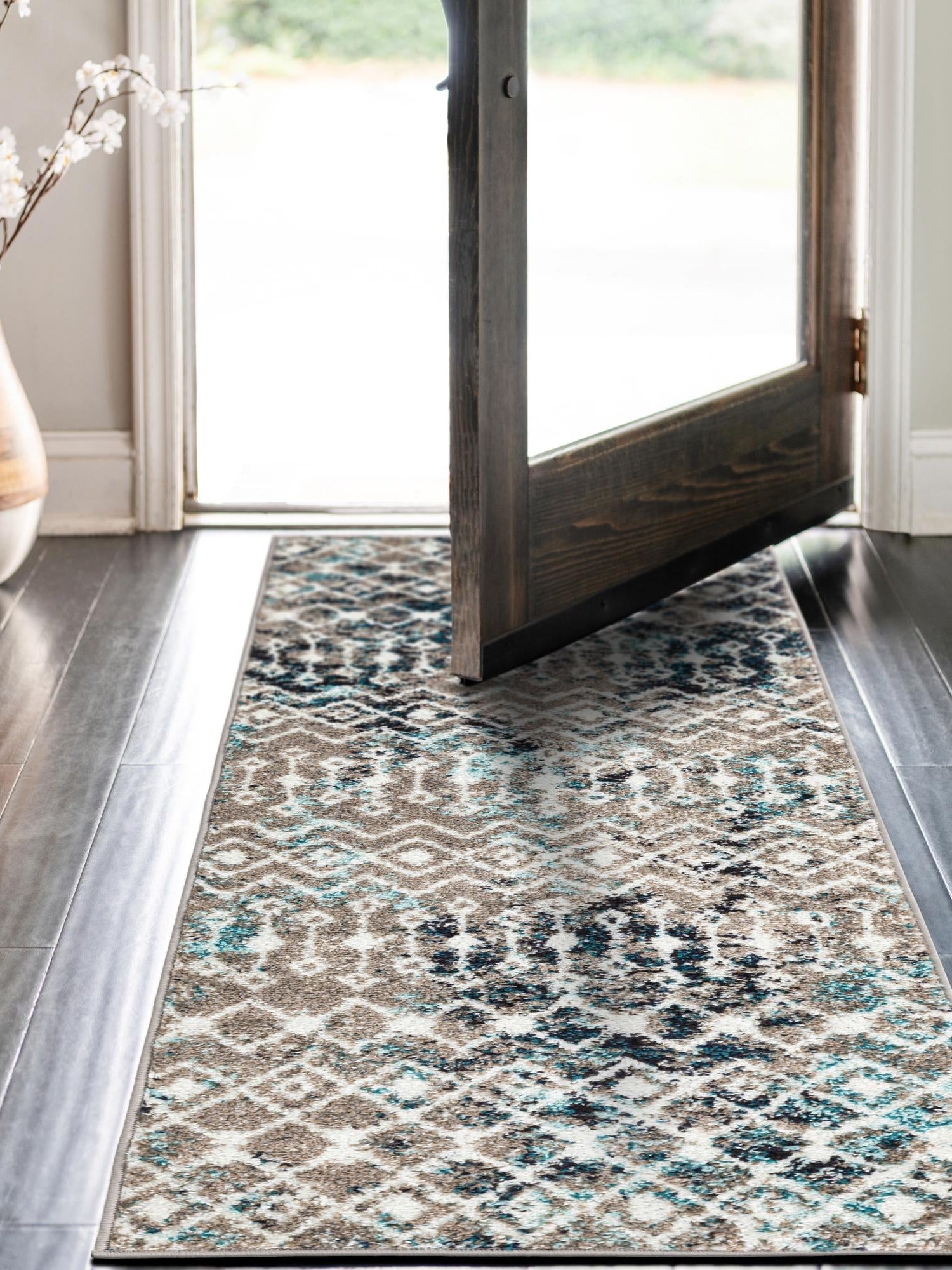 Multicolor Gray Blue 2' 7 x 10' Tribal Trellis Runner Area Rug Geometric Southwestern Inspired Durable Carpet for Home Interior Design for Sale at Rug Engine