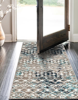 Multicolor Gray Blue 2' x 5' 1 Tribal Trellis Runner Area Rug Geometric Southwestern Inspired Durable Carpet for Home Interior Design for Sale at Rug Engine