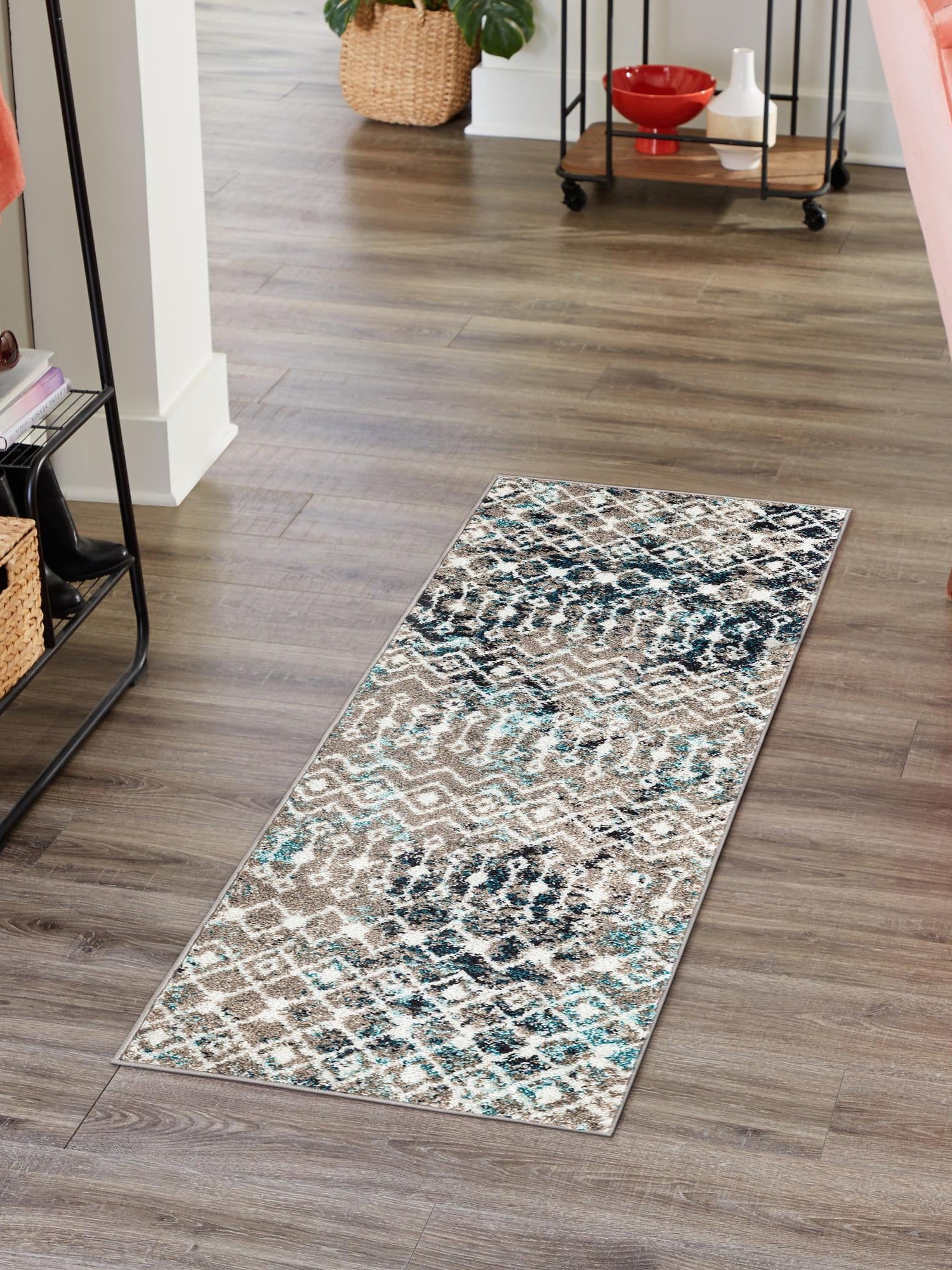 Multicolor Gray Blue 2' x 8' Tribal Trellis Runner Area Rug Geometric Southwestern Inspired Durable Carpet for Home Interior Design for Sale at Rug Engine