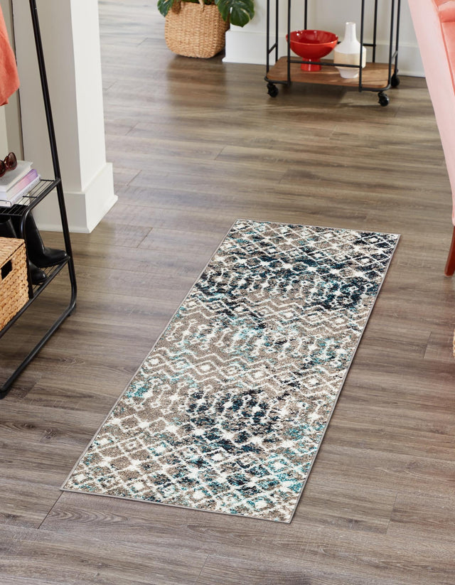 Multicolor Gray Blue 2' x 6' 1 Tribal Trellis Runner Area Rug Geometric Southwestern Inspired Durable Carpet for Home Interior Design for Sale at Rug Engine