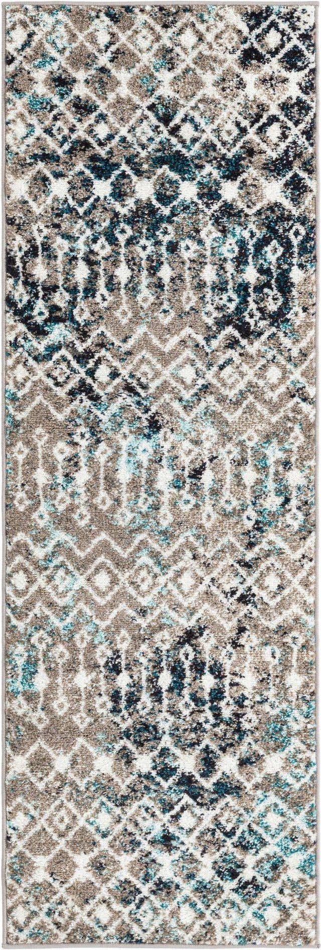 Multicolor Gray Blue 2' x 6' 1 Tribal Trellis Runner Area Rug Geometric Southwestern Inspired Durable Carpet for Home Interior Design for Sale at Rug Engine