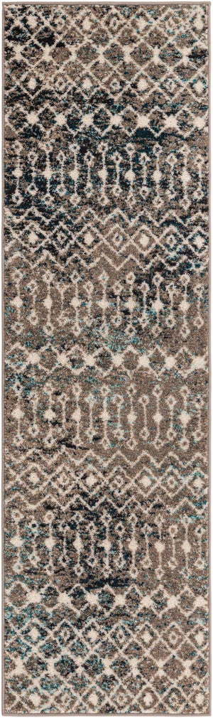 Multicolor Gray Blue 2' x 7' 1 Tribal Trellis Runner Area Rug Geometric Southwestern Inspired Durable Carpet for Home Interior Design for Sale at Rug Engine