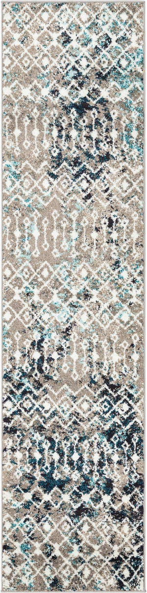 Multicolor Gray Blue 2' x 8' Tribal Trellis Runner Area Rug Geometric Southwestern Inspired Durable Carpet for Home Interior Design for Sale at Rug Engine