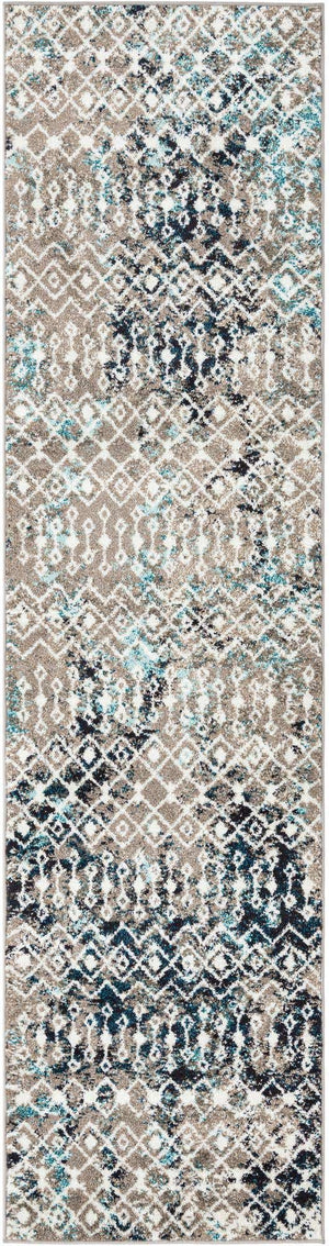 Multicolor Gray Blue 2' 7 x 10' Tribal Trellis Runner Area Rug Geometric Southwestern Inspired Durable Carpet for Home Interior Design for Sale at Rug Engine