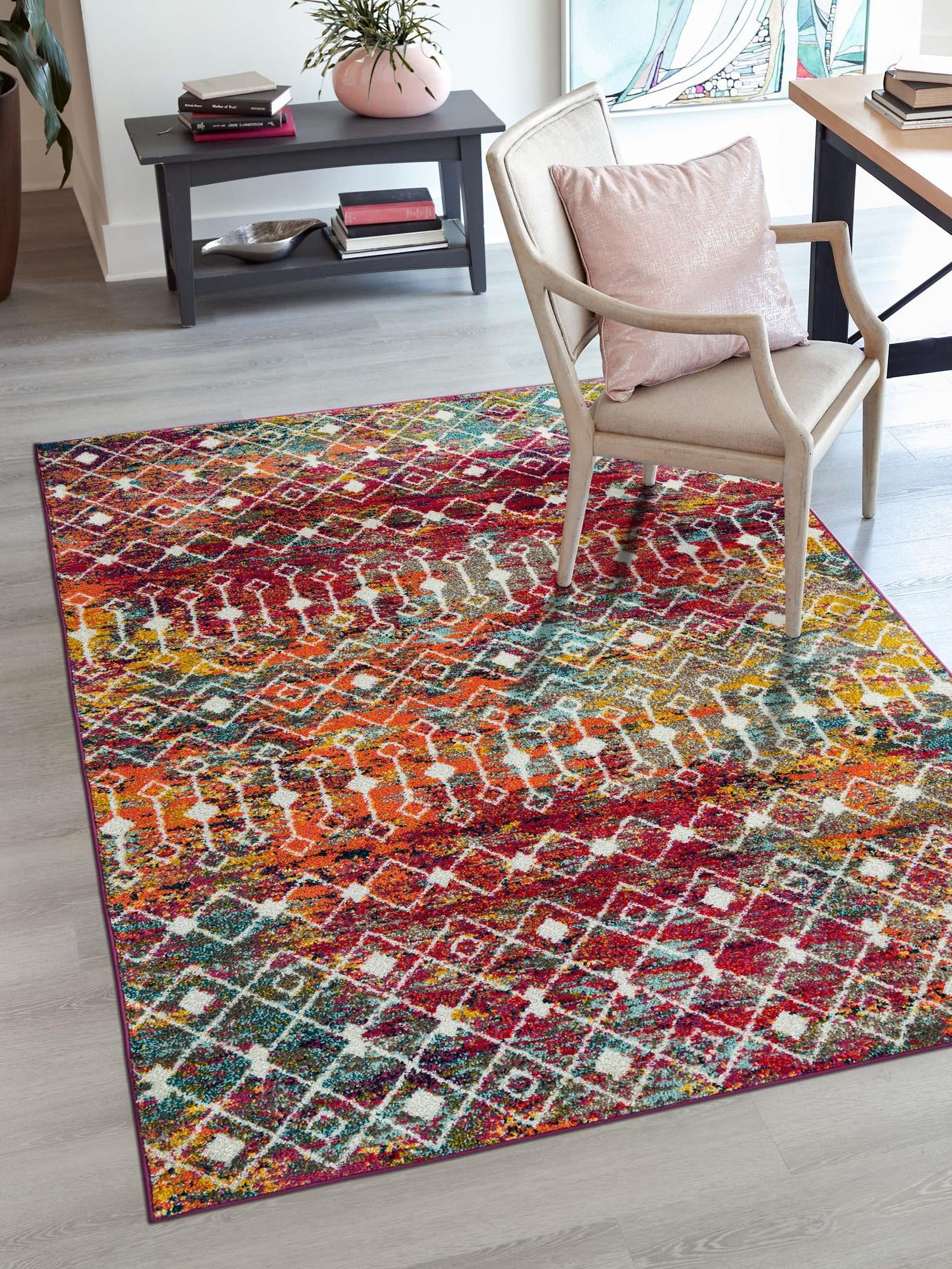 Multicolor 4' 1 x 6' 1 Tribal Trellis Rectangle Area Rug Geometric Southwestern Inspired Durable Carpet for Home Interior Design for Sale at Rug Engine