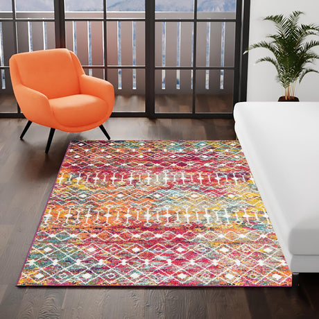 Multicolor 6' 1 x 9' Tribal Trellis Rectangle Area Rug Geometric Southwestern Inspired Durable Carpet for Home Interior Design for Sale at Rug Engine