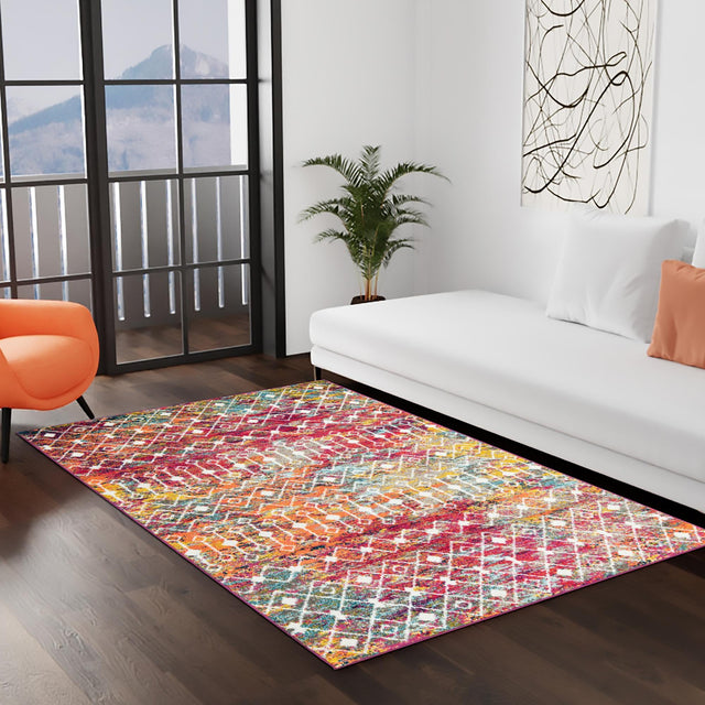 Multicolor 6' 1 x 9' Tribal Trellis Rectangle Area Rug Geometric Southwestern Inspired Durable Carpet for Home Interior Design for Sale at Rug Engine