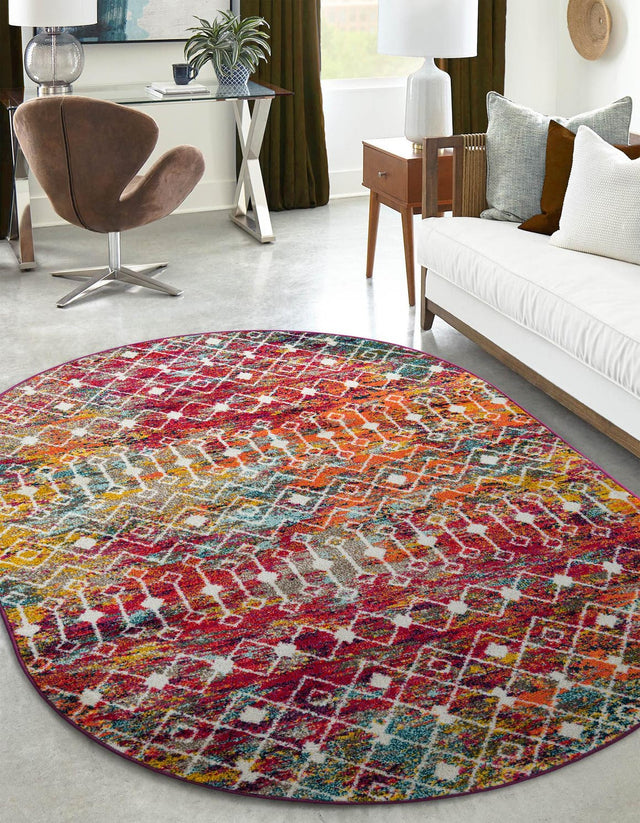 Multicolor 7' 10 x 10' Tribal Trellis Oval Area Rug Geometric Southwestern Inspired Durable Carpet for Home Interior Design for Sale at Rug Engine