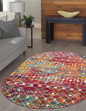Multicolor 7' 10 x 10' Tribal Trellis Oval Area Rug Geometric Southwestern Inspired Durable Carpet for Home Interior Design for Sale at Rug Engine