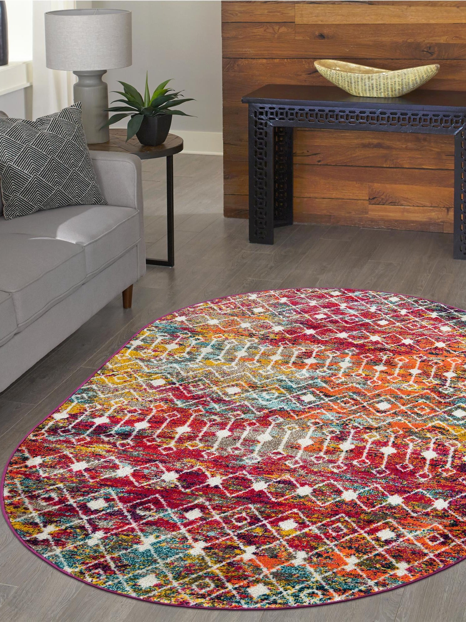Multicolor 4' 1 x 6' 1 Tribal Trellis Oval Area Rug Geometric Southwestern Inspired Durable Carpet for Home Interior Design for Sale at Rug Engine
