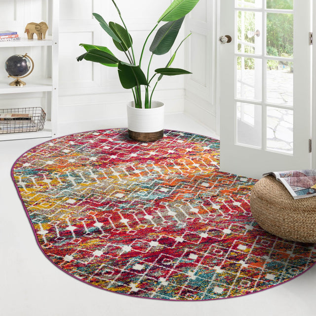 Multicolor 7' 10 x 10' Tribal Trellis Oval Area Rug Geometric Southwestern Inspired Durable Carpet for Home Interior Design for Sale at Rug Engine