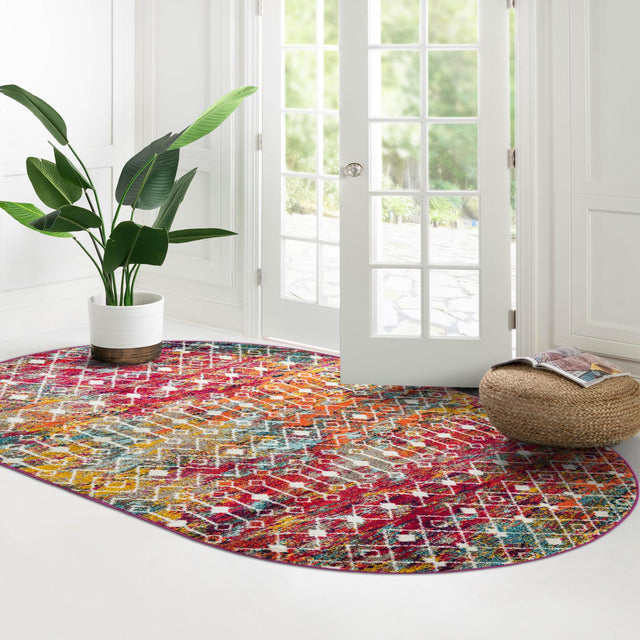 Multicolor 4' 1 x 6' 1 Tribal Trellis Oval Area Rug Geometric Southwestern Inspired Durable Carpet for Home Interior Design for Sale at Rug Engine