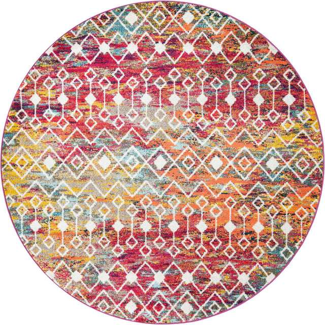 Multicolor 7' 10 x 7' 10 Tribal Trellis Round Area Rug Geometric Southwestern Inspired Durable Carpet for Home Interior Design for Sale at Rug Engine