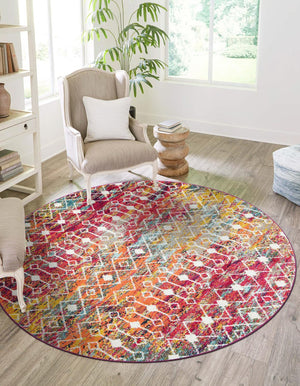 Multicolor 6' 1 x 6' 1 Tribal Trellis Round Area Rug Geometric Southwestern Inspired Durable Carpet for Home Interior Design for Sale at Rug Engine