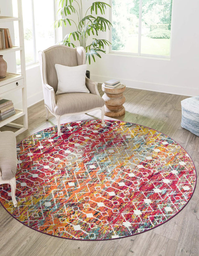 Multicolor 5' 3 x 5' 3 Tribal Trellis Round Area Rug Geometric Southwestern Inspired Durable Carpet for Home Interior Design for Sale at Rug Engine