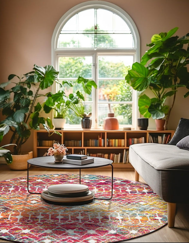 Multicolor 10' x 10' Tribal Trellis Round Area Rug Geometric Southwestern Inspired Durable Carpet for Home Interior Design for Sale at Rug Engine