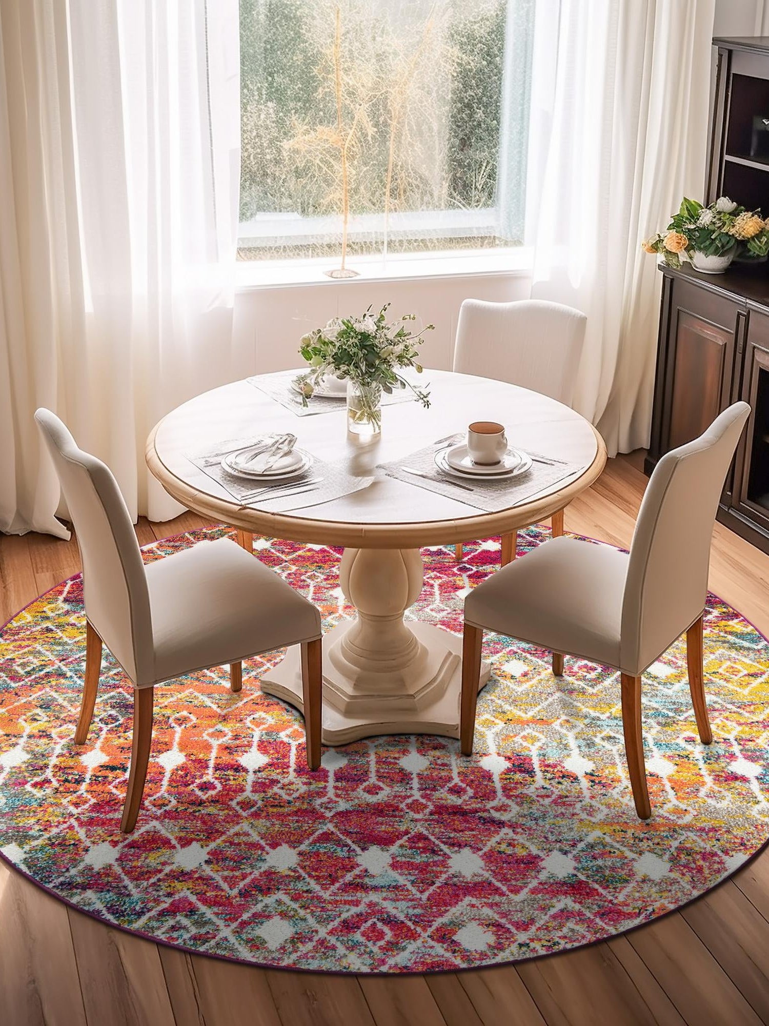 Multicolor 3' 1 x 3' 1 Tribal Trellis Round Area Rug Geometric Southwestern Inspired Durable Carpet for Home Interior Design for Sale at Rug Engine